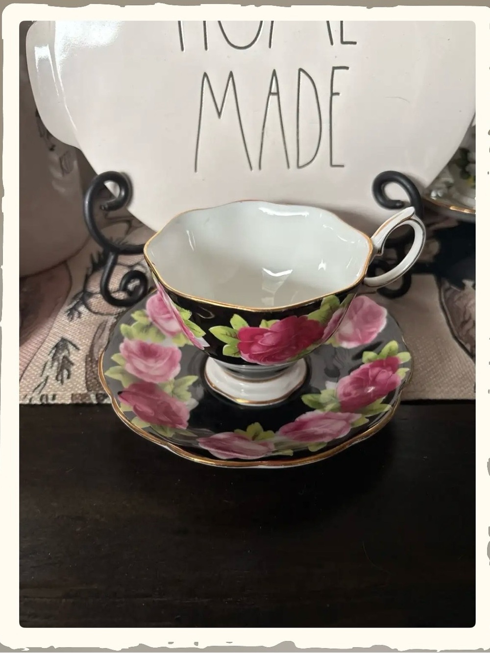 Royal Albert Rare Black Floral Tea Cup & Saucer Set with Pink Roses